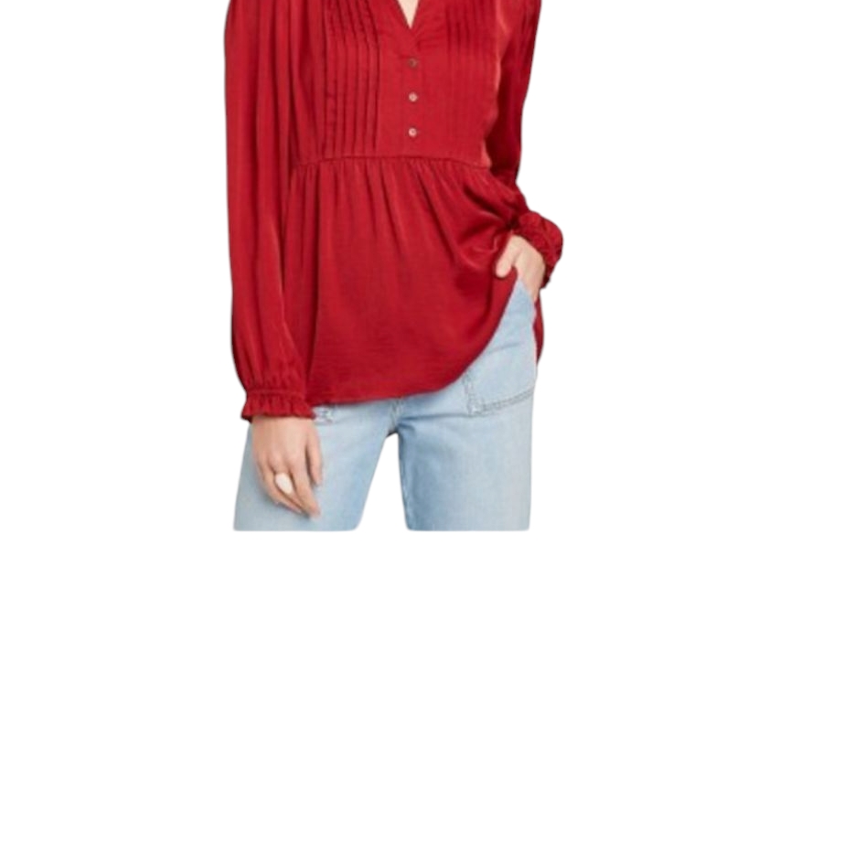 Red Long Sleeve Pleated Blouse With Bib Collar